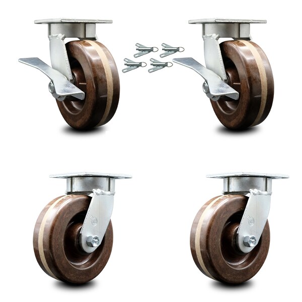 Service Caster 6 Inch Kingpinless High Temp Phenolic Wheel Caster Swivel Locks 2 Brakes, 4PK SCC-KP30S620-PHRHT-SLB-BSL-2-BSL-2 - main